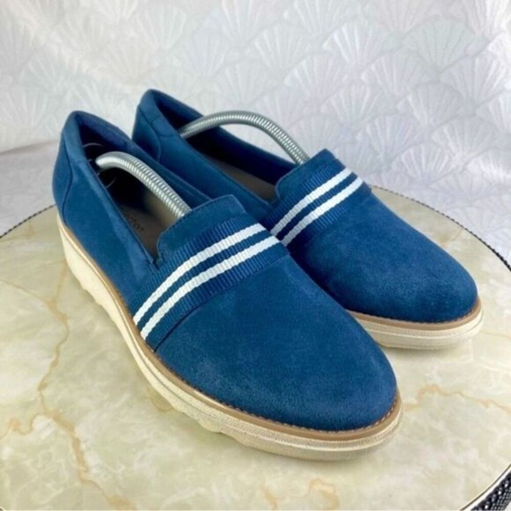 Clarks Sharon Bay Suede Platform Slip On Loafers Womens 7.5 Blue Comfort Shoes